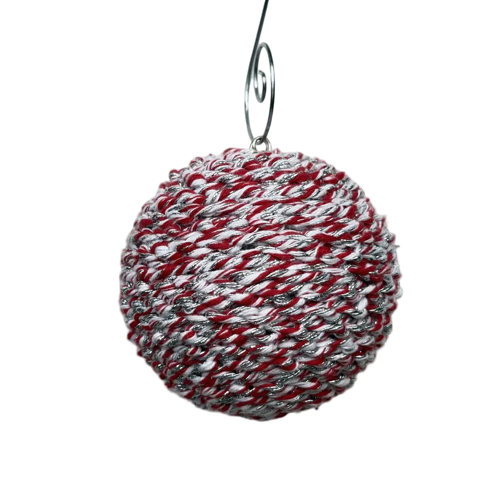 red white silver crochet ornament