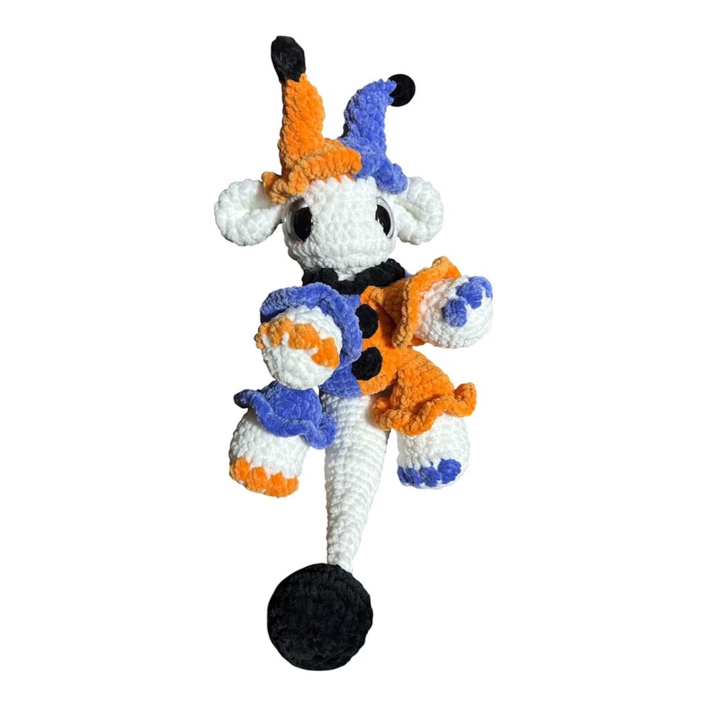 Crocheted jester dragon stuffie