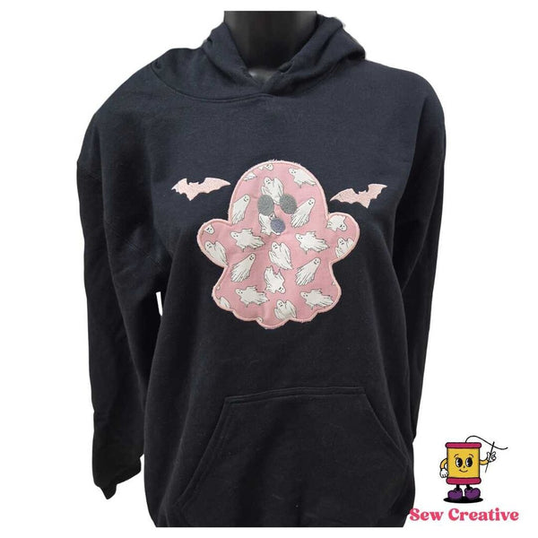 Glow-in-the-dark appliqued ghost with embroidered bats Halloween Adult Hooded Sweatshirt