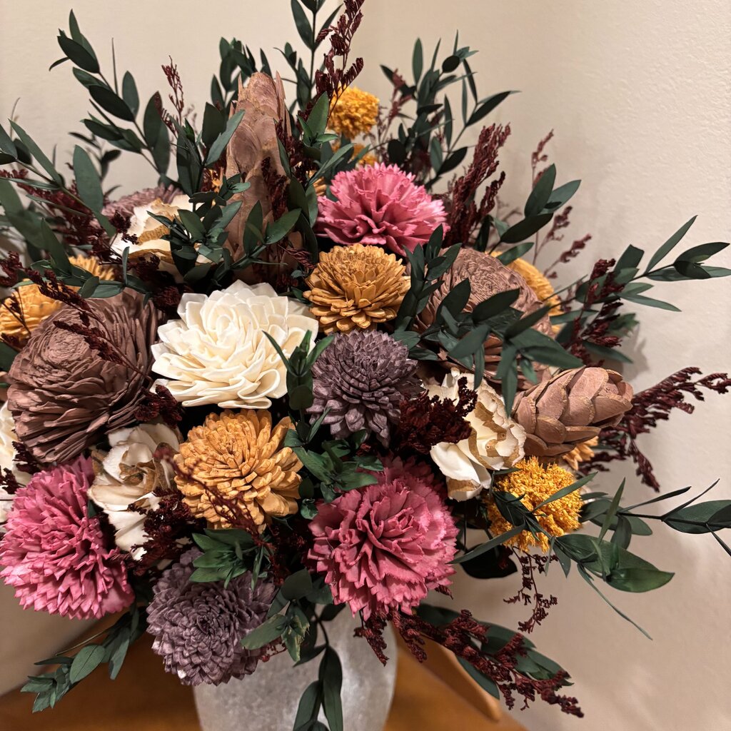 Tall Tan Vase with Preserved Eucalyptus and Brown, Yellow and Cream Sola Wood Flowers