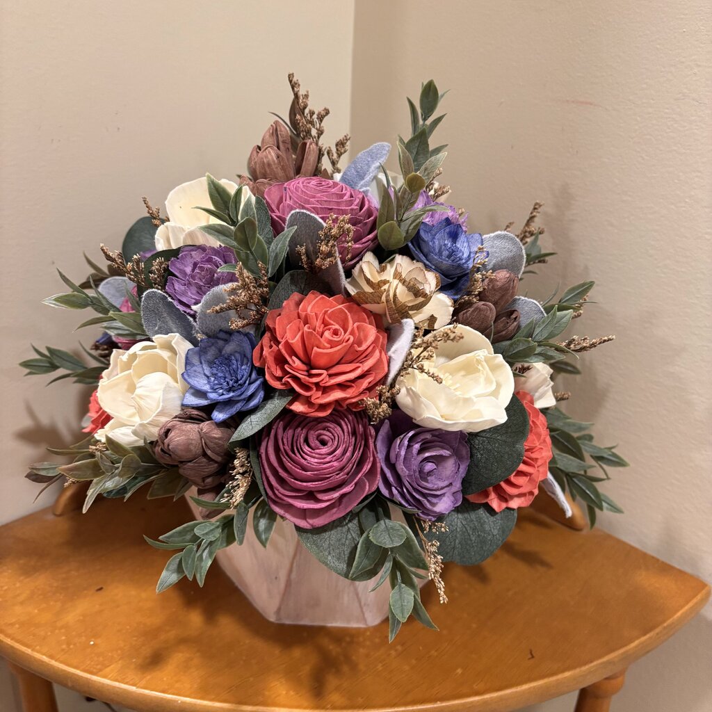 Wooden Base filled with Orange, Blue and Mauve Sola Wood Flowers