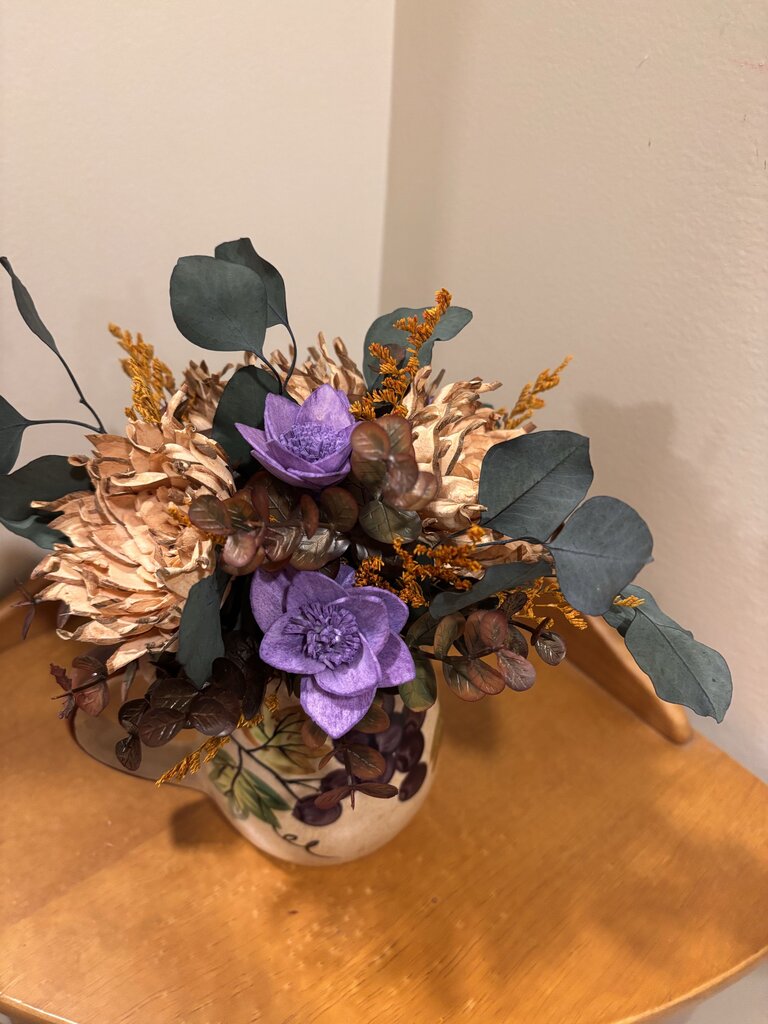 Grape Pitcher with Tan and Purple Sola Wood Flowers