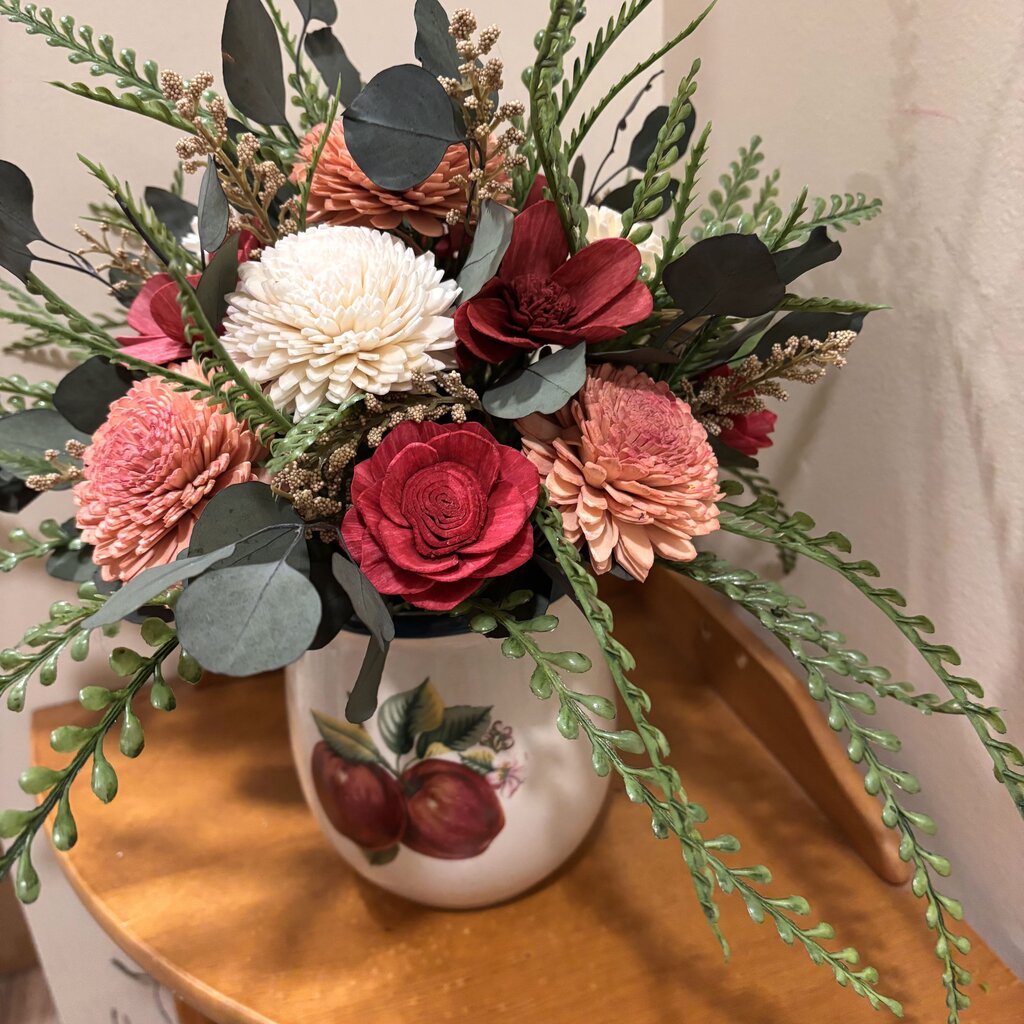 Apple Vase Filled with Maroon, White and Peach Sola Wood Flowers