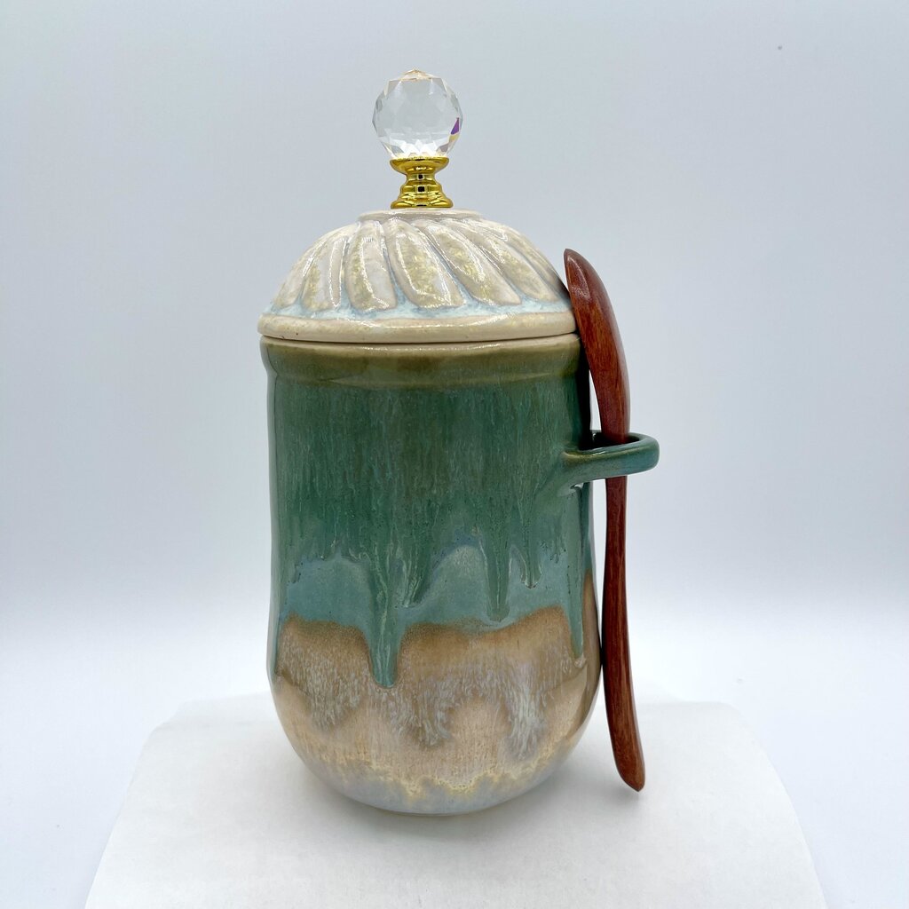 Tea/Coffee Jar w/spoon- Pearl/Green