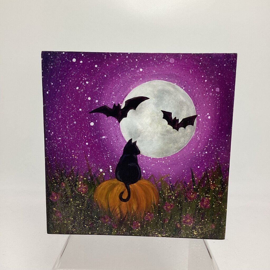 Black Cat & Pumpkin Wood Block Painting