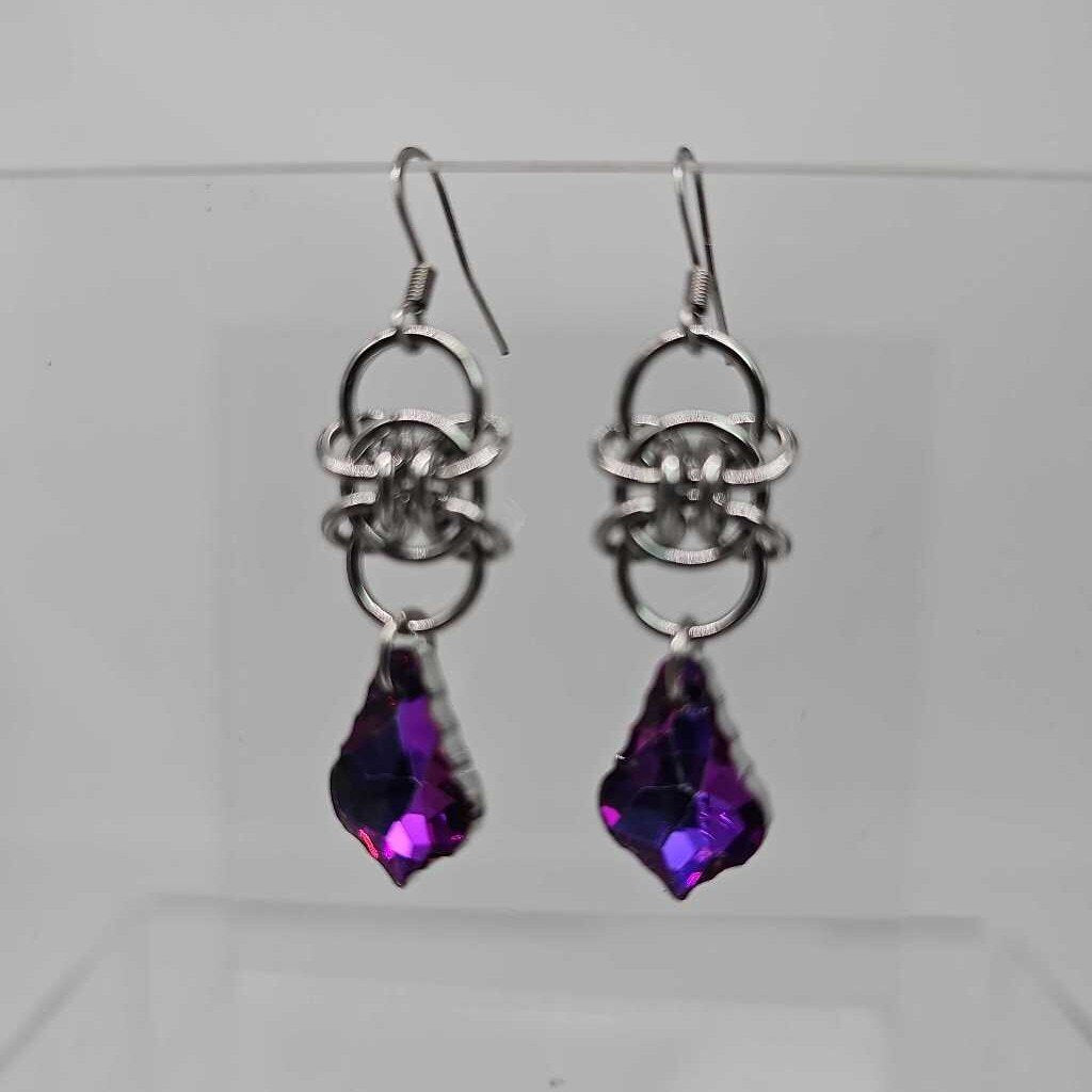 Stainless Steel Helftic Purple Crystal Earrings, Surgical Steel Ear Wires