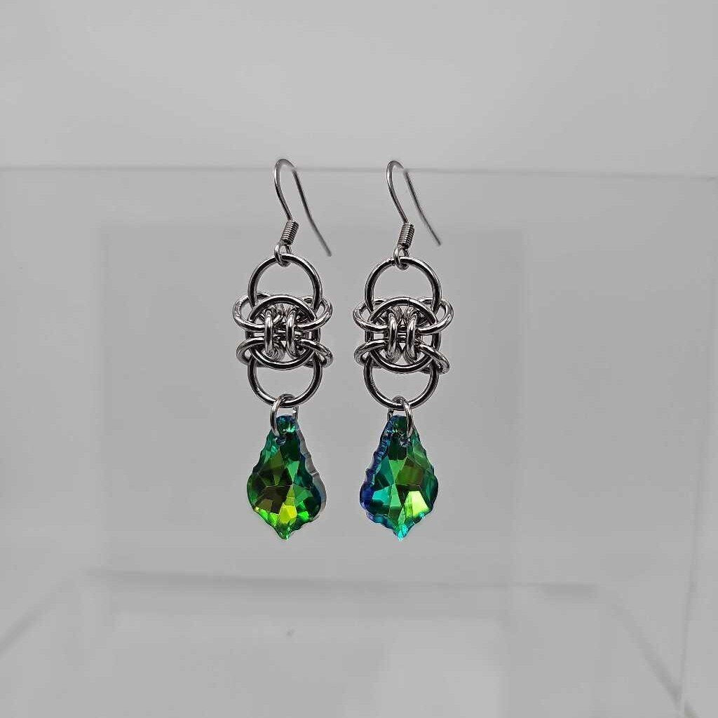 Stainless Steel Helftic Green Crystal Earrings, Surgical Steel Ear Wires