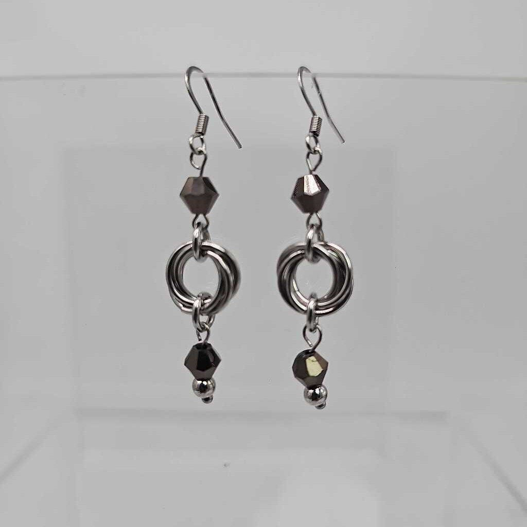 Stainless Steel Mobius and Black Bead Earrings, Surgical Steel Ear Wires