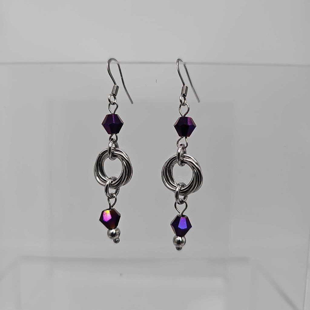 Stainless Steel Mobius and Metallic Purple Bead Earrings, Surgical Steel Ear Wires