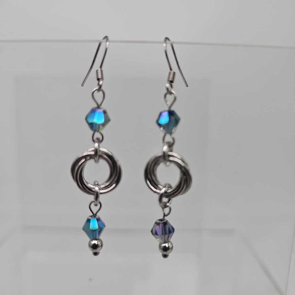 Stainless Steel Mobius and Metallic Light Blue Bead Earrings, Surgical Steel Ear Wires