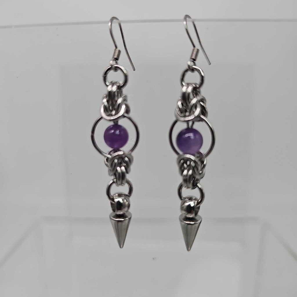 Stainless Steel Half Byzantine Amethyst Spike Earrings, Surgical Steel Ear Wires