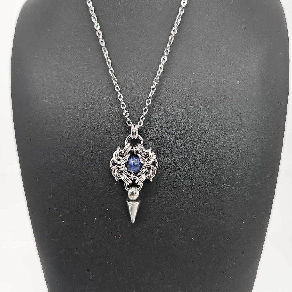 Stainless Steel Romanov with Sodalite and Spike Necklace, 20 inch Stainless Steel Chain