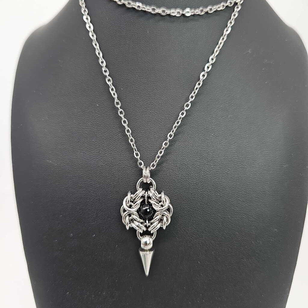 Stainless Steel Romanov with Black Agate and Spike Necklace, 20 inch Stainless Steel Chain