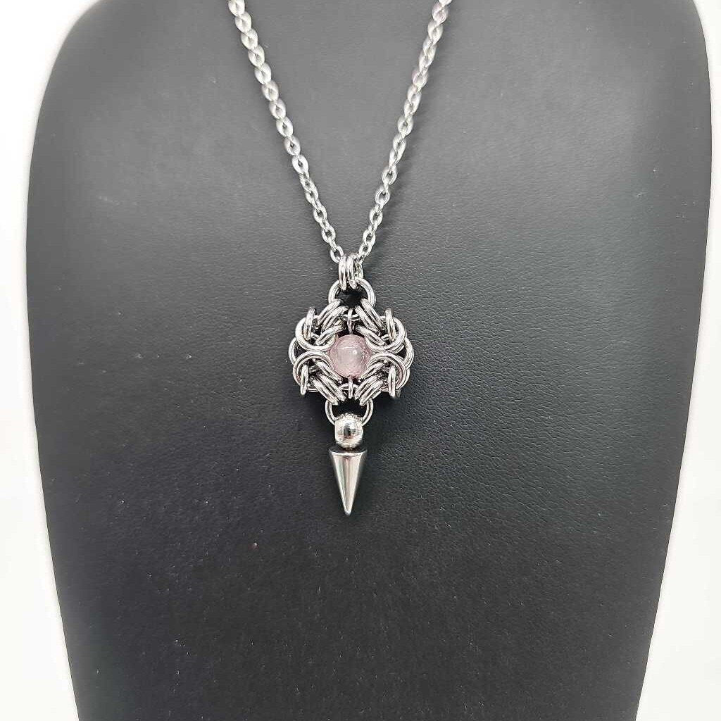 Stainless Steel Romanov with Rose Quartz and Spike Necklace, 20 inch Stainless Steel Chain