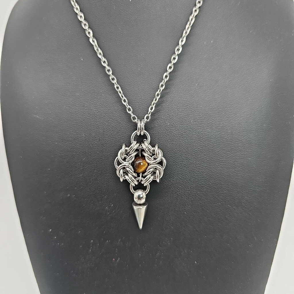Stainless Steel Romanov with Tigers Eye and Spike Necklace, 20 inch Stainless Steel Chain