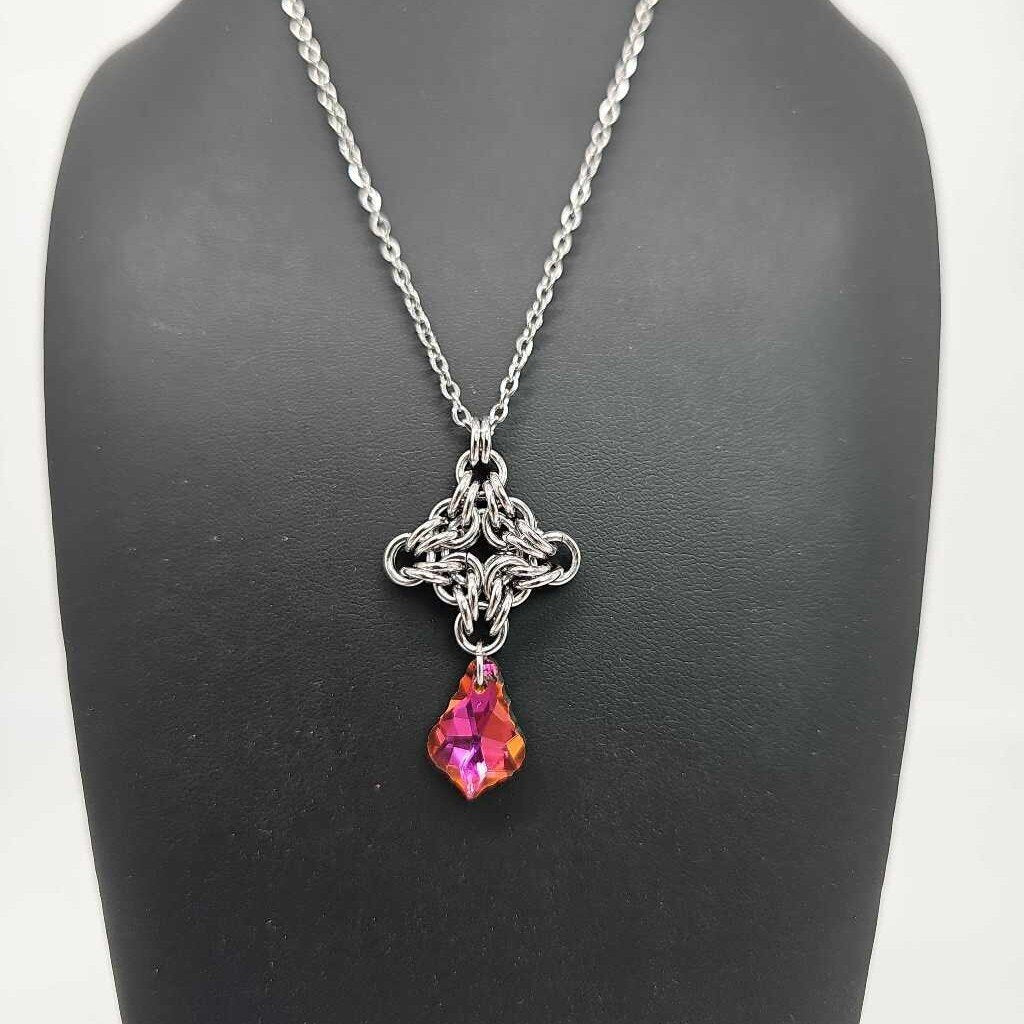 Stainless Steel Diamond with Pink Crystal Necklace, 20 inch Stainless Steel Chain