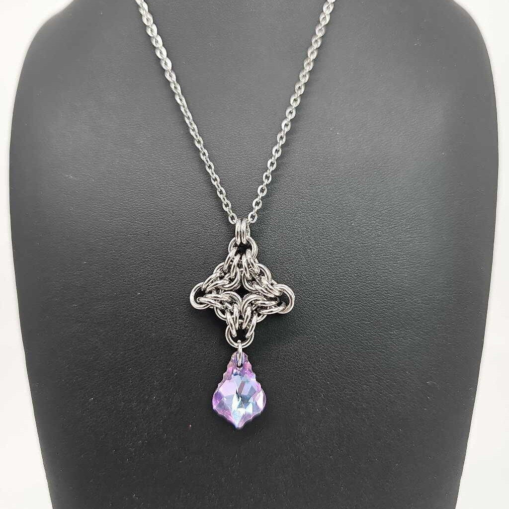 Stainless Steel Diamond with Light Purple Light Blue Crystal Necklace, 20 inch Stainless Steel Chain