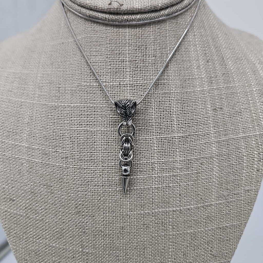 Stainless Steel Byzantine with Wolf Head and Spike Necklace, 20 inch Stainless Steel Chain