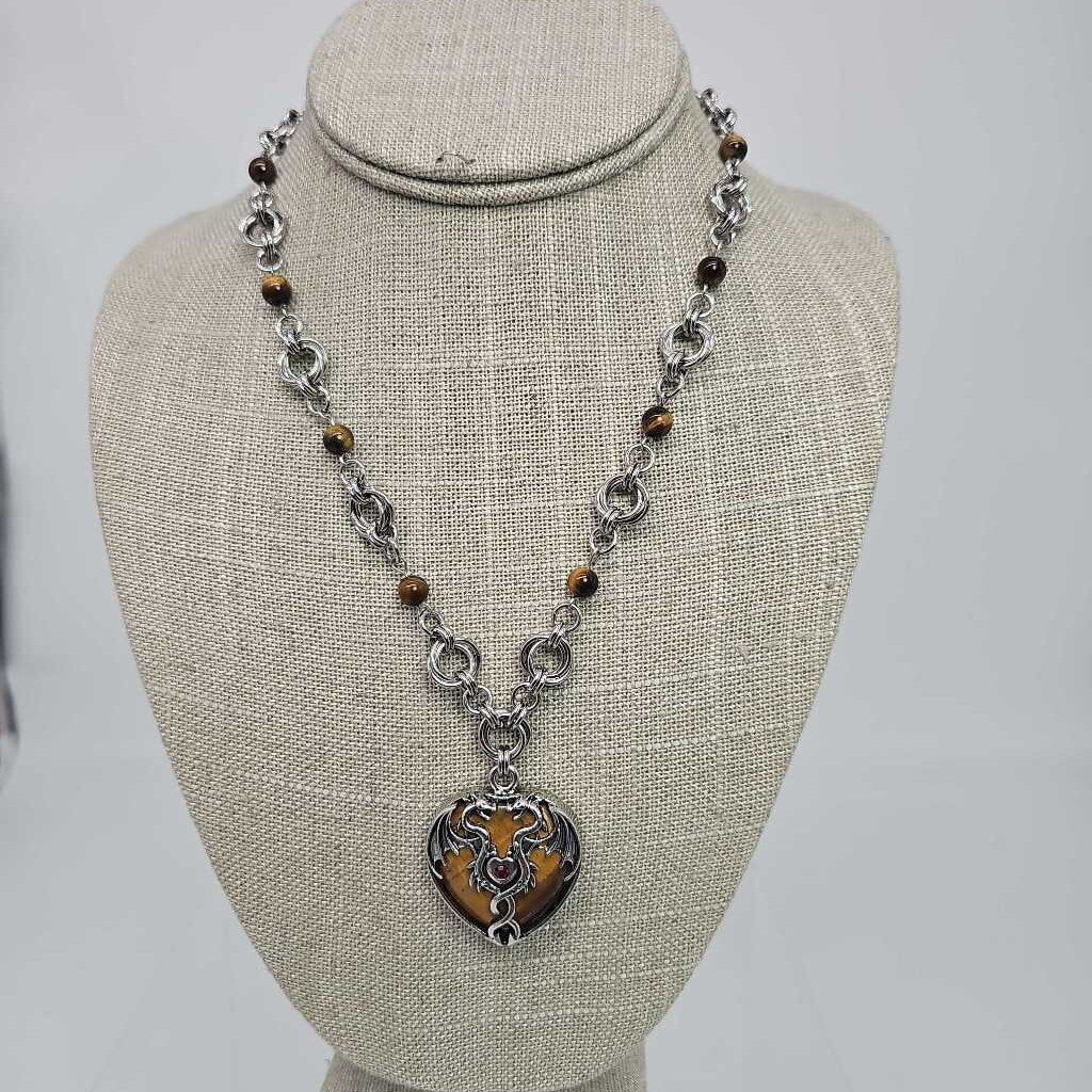 Stainless Steel Mobius And Tigers Eye Beads and Tigers Eye Dragon Heart Necklace 16-18 inches long