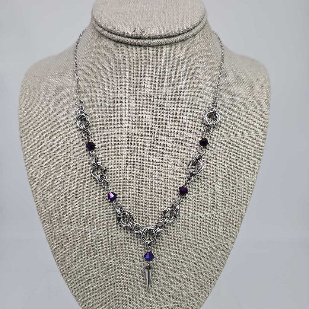 Stainless Steel Mobius with Purple Beads and Spike 16-18 inches long