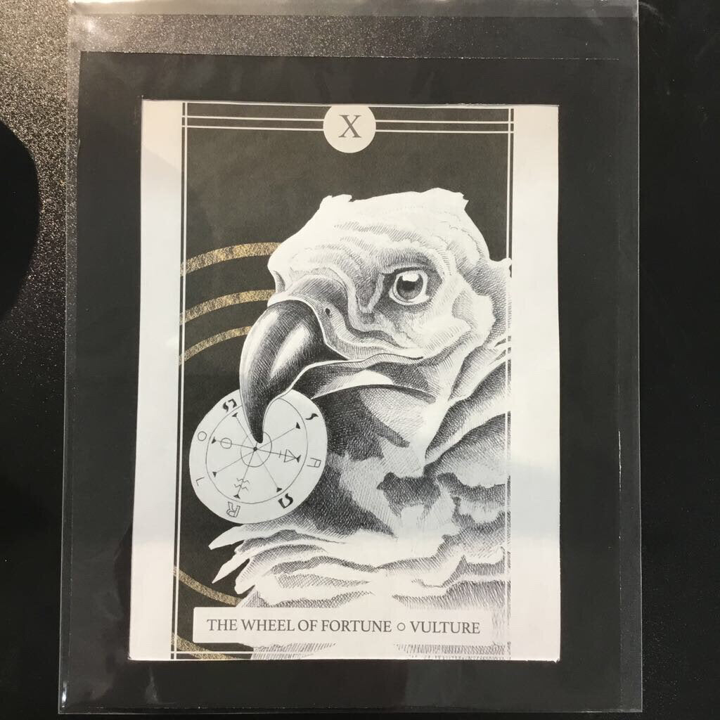 The Avian Tarot Matted Black Print (Wheel of Fortune | Vulture) (AT - ART PRINTS, BL Batchelder Art & Illustration, 8.5 x 11, Black)