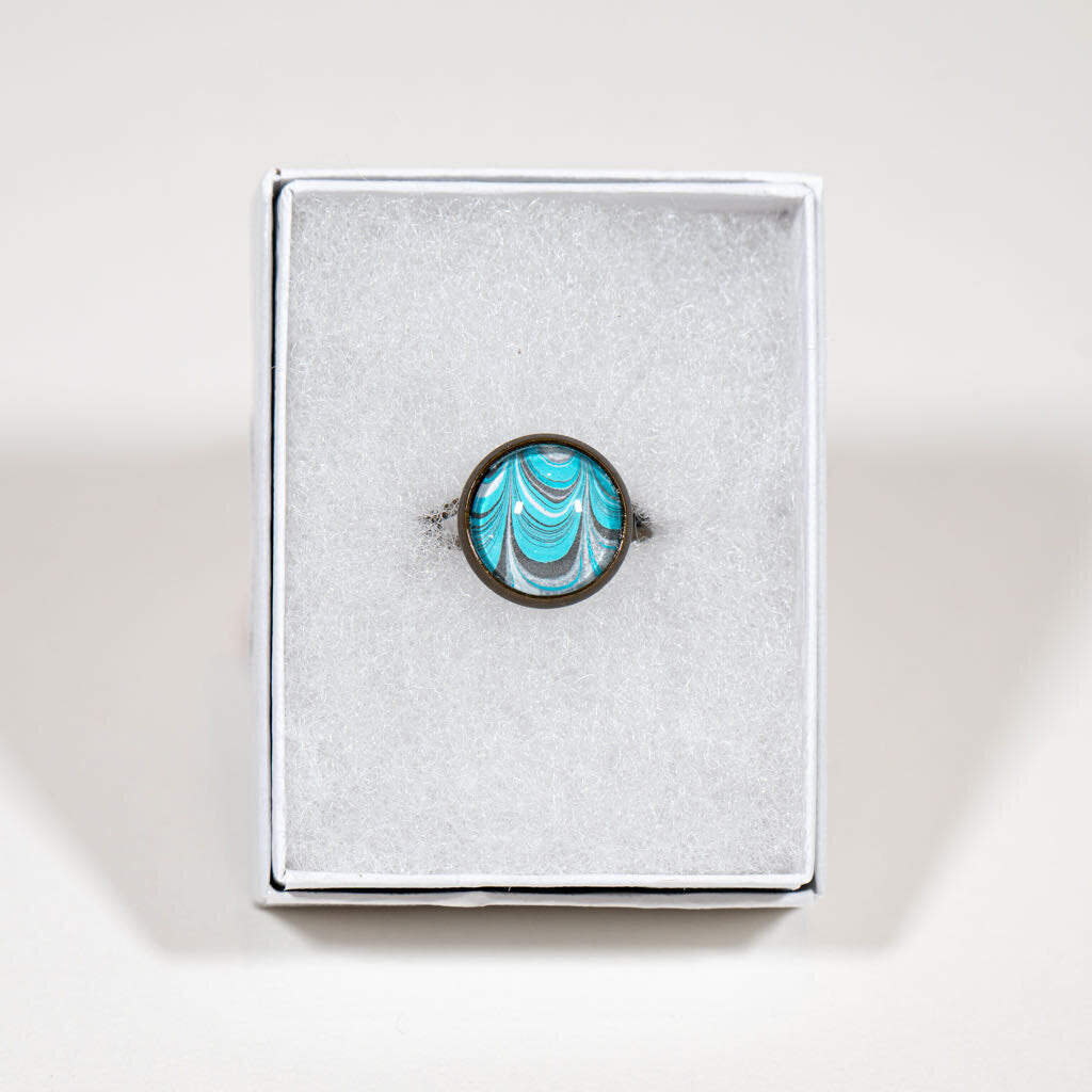 Adjustable Ring - Gift Box - 1/2" art teal white grey on copper