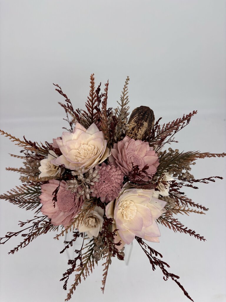 White Vase Filled with Muted Pink and Cream Sola Wood Flowers