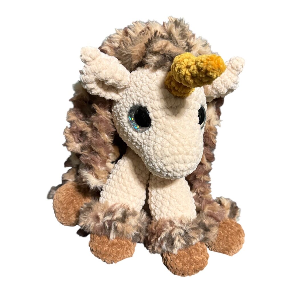 Crocheted "cocoa" sitting fur maned unicorn plush