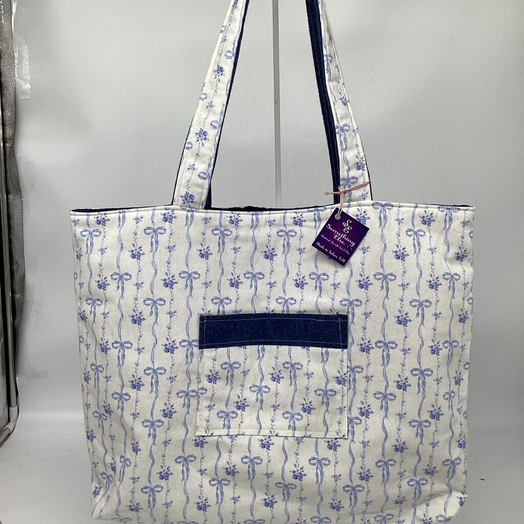 Blue bow on white w/ denim reversible tote bag
