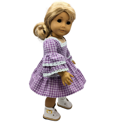 Boho Dress in purple gingham and cotton lace. White boots