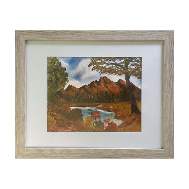 #19-1 Brown Mountain Lake framed print 11"x14" beige frame / 8"x10" print
