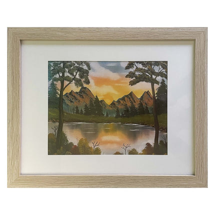 #43-1 Valley Lake Sunrise framed print 11"x14" beige frame / 8"x10" print