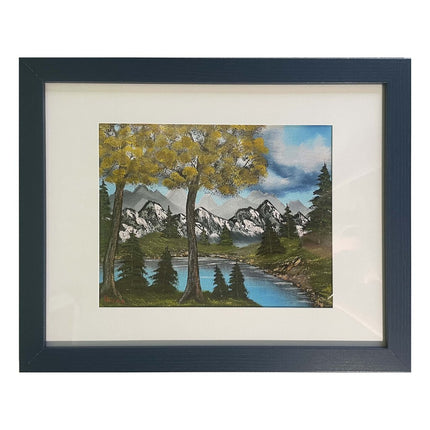 #62-1 Mountain River framed print 11"x14" blue frame / 8"x10" print