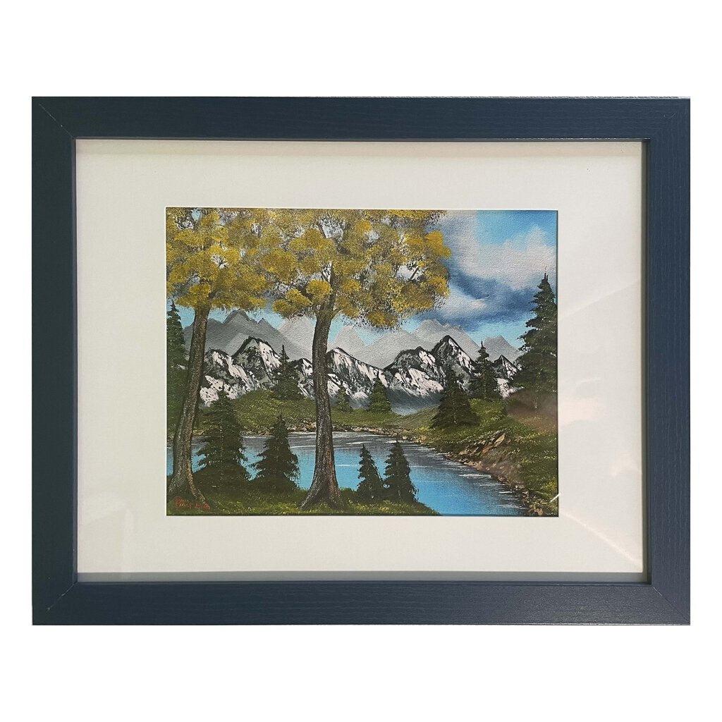 #62-1 Mountain River framed print 11"x14" blue frame / 8"x10" print