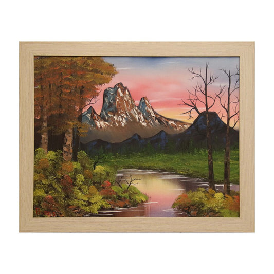 MOUNTAIN AT SUNSET 39 oil on canvas 16"x20" with a beige frame by MFB Studios LLC