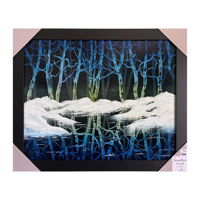 #160 SNOWY BIRCH TREES II original oil on canvas 16"x20" with a black frame