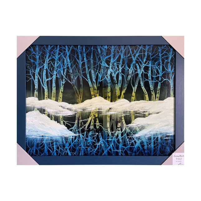 #159 Snowy Birch Trees I original oil on canvas 18"x24" with a blue frame