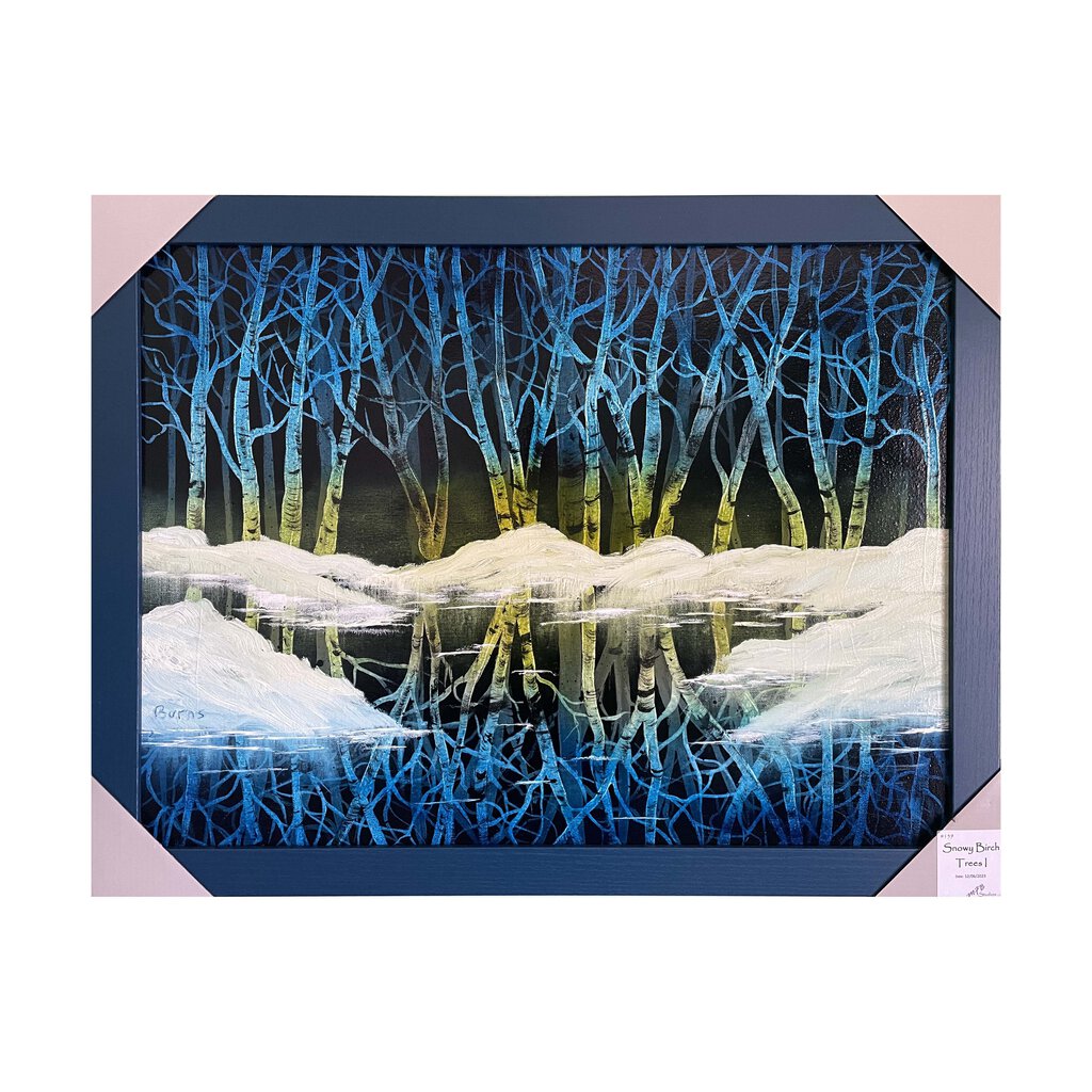 #159 Snowy Birch Trees I original oil on canvas 18"x24" with a blue frame