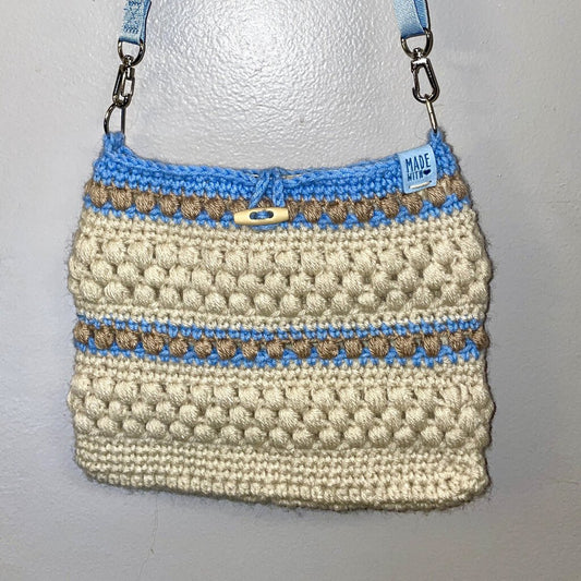 Cream and blue lined crossbody purse