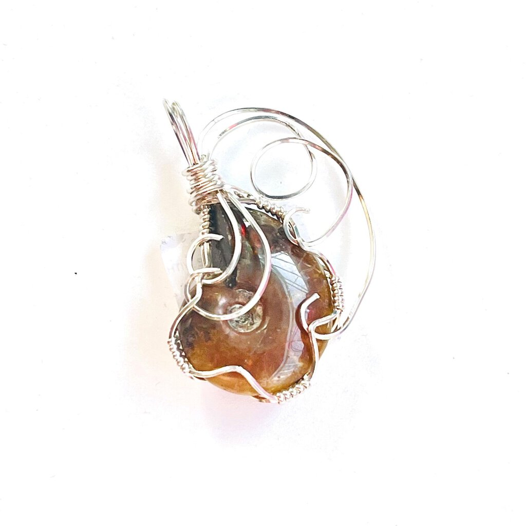 WHOLE AMMONITE WITH AMOLITE COMPLETE Sterling Silver Wire Wrapped Pendant