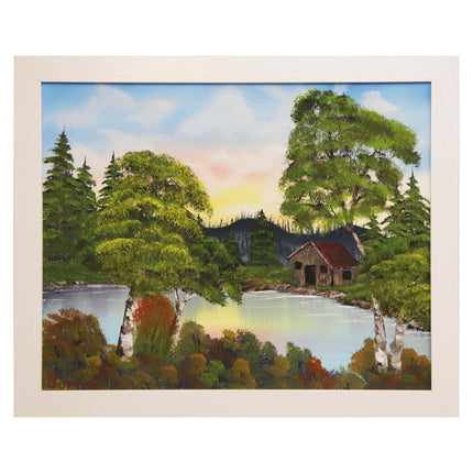 #42 Cabin on the Lake oil on canvas 16"x20" with a white frame