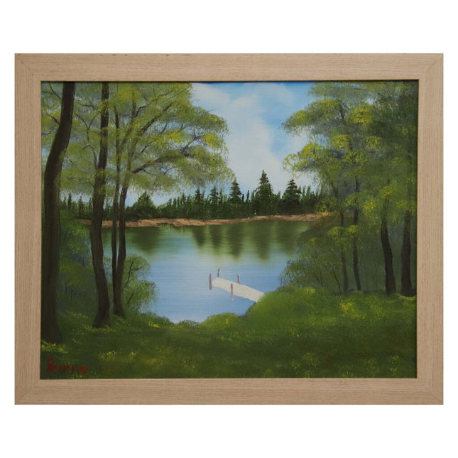 #67 Back Yard original oil on canvas 16"x20" with a beige frame