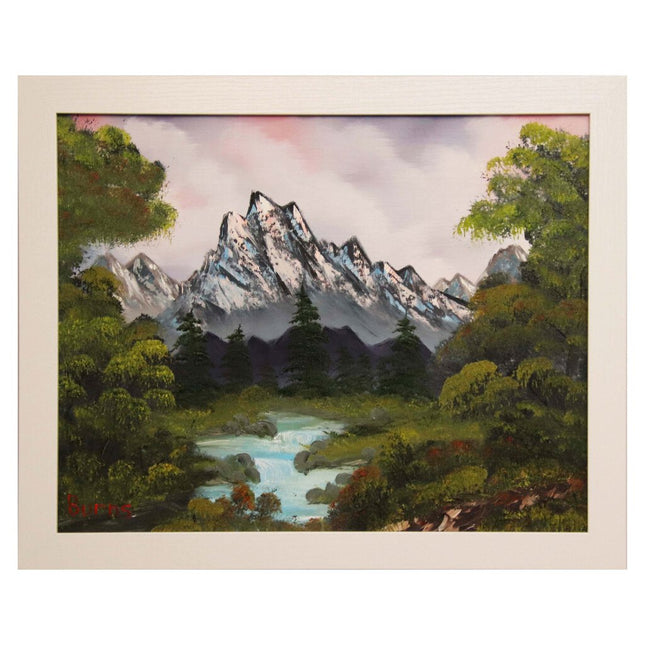 #70 Quiet Mountain River original oil on canvas 16"x20" with a white frame