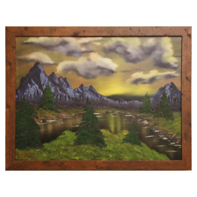 #81 Sunrise River original oil on canvas 18"x24" with a brown frame