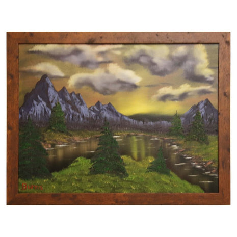 #81 Sunrise River original oil on canvas 18"x24" with a brown frame