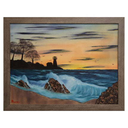 #82 Nubble Light Sunrise original oil on canvas 18"x24" with a gray frame