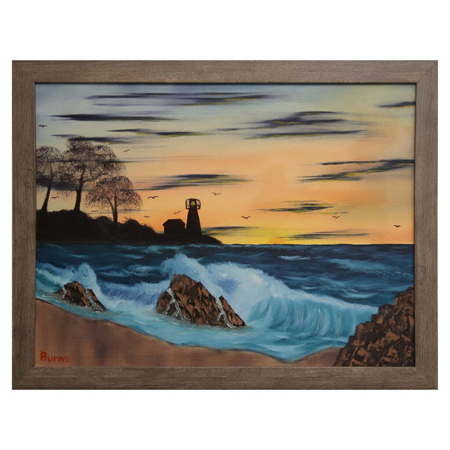 #82 Nubble Light Sunrise original oil on canvas 18"x24" with a gray frame