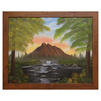 #12 Mountain Waterfalls original oil on canvas 16"x20" with a brown frame