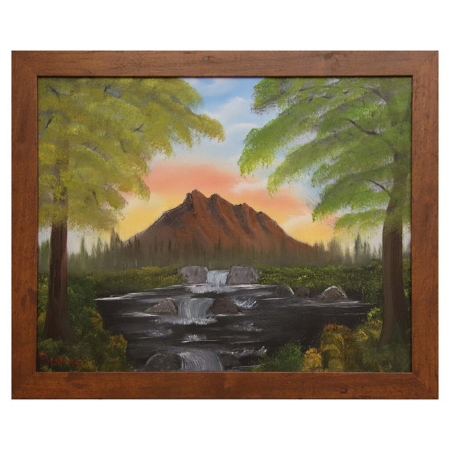 #12 Mountain Waterfalls original oil on canvas 16"x20" with a brown frame