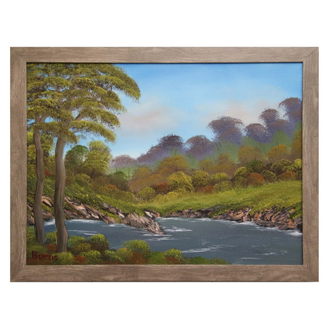 #114 Peaceful River original oil on canvas 18"x24" with a gray frame